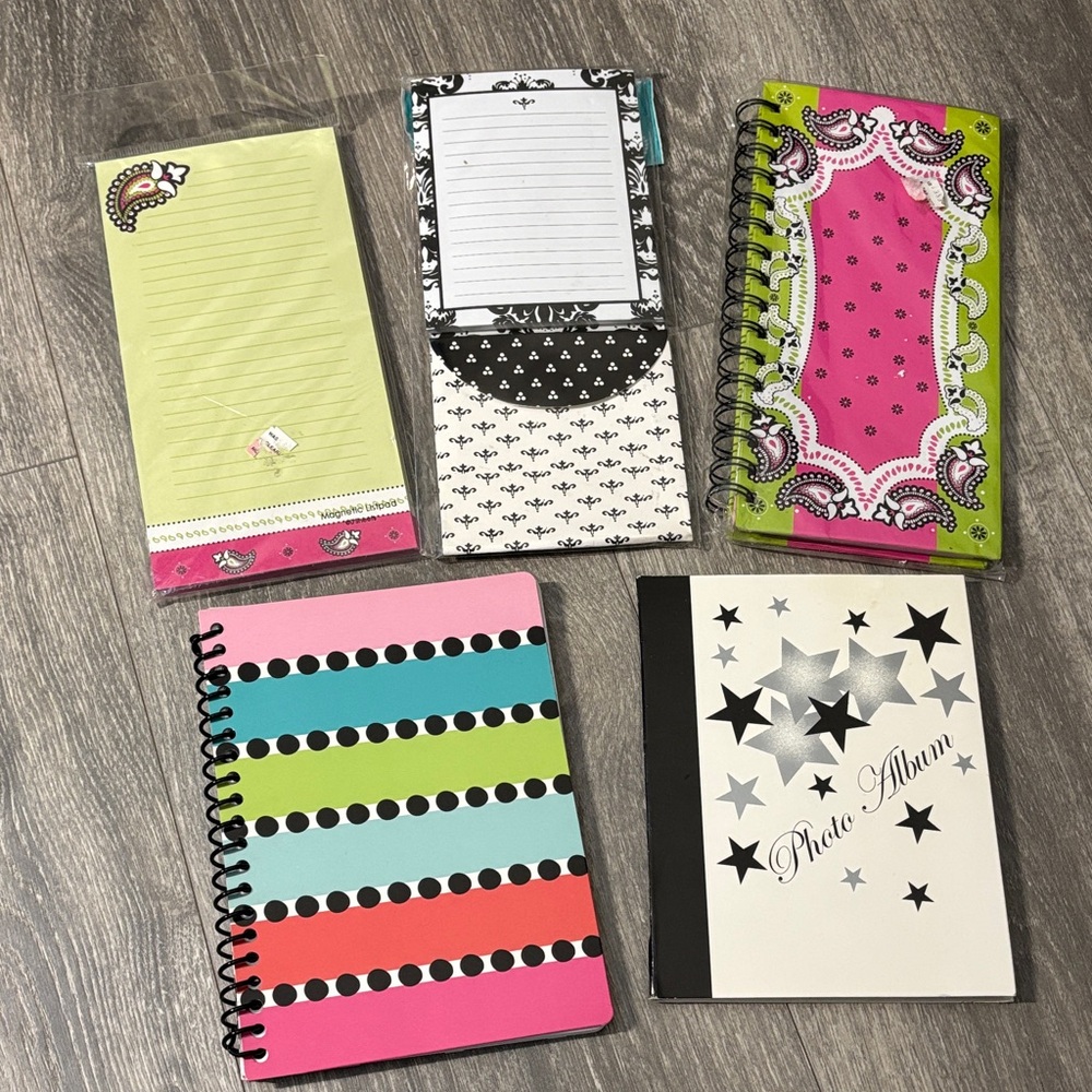 Set of 5 Colorful Spiral Notebooks and Pads - Pink, Green, Teal, Black & White